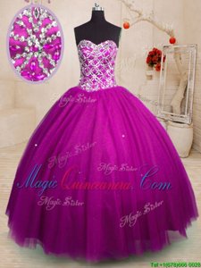 Pretty Fuchsia Ball Gowns Tulle Sweetheart Sleeveless Beading Floor Length Lace Up Sweet 16 Dresses