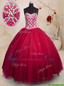 Sweetheart Sleeveless Quince Ball Gowns Floor Length Beading Red Tulle