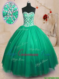 Sleeveless Floor Length Beading Lace Up 15 Quinceanera Dress with Dark Green