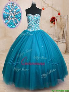 Attractive Tulle Sweetheart Sleeveless Lace Up Beading Quinceanera Gown in Teal