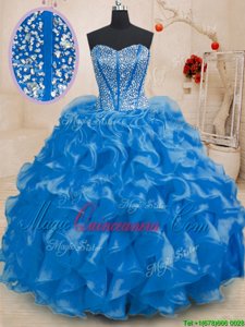 Sleeveless Floor Length Beading and Ruffles Lace Up 15 Quinceanera Dress with Royal Blue