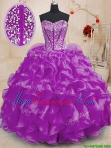 Hot Selling Floor Length Lace Up Ball Gown Prom Dress Purple and In for Military Ball and Sweet 16 and Quinceanera with Beading and Ruffles