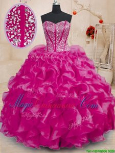 Free and Easy Fuchsia Sweetheart Neckline Beading and Ruffles Quince Ball Gowns Sleeveless Lace Up