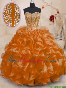 Orange Organza Lace Up 15th Birthday Dress Sleeveless Floor Length Beading and Ruffles