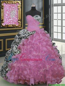 Brush Train Ball Gowns Vestidos de Quinceanera Rose Pink Sweetheart Organza and Printed Sleeveless With Train Lace Up