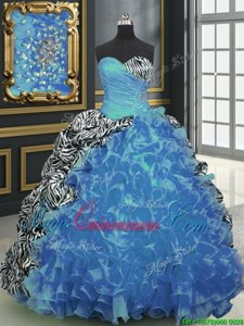 Dramatic Printed Sleeveless With Train Beading and Ruffles and Pattern Lace Up Quinceanera Dresses with Baby Blue Brush Train