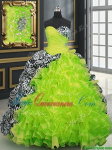 Cute Yellow Green Lace Up Sweetheart Beading and Ruffles and Pattern 15 Quinceanera Dress Organza and Printed Sleeveless Brush Train