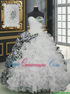 Printed White Vestidos de Quinceanera Military Ball and Sweet 16 and Quinceanera and For with Beading and Ruffles and Pattern Sweetheart Sleeveless Brush Train Lace Up