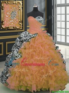 Printed Sleeveless With Train Beading and Ruffles and Pattern Lace Up 15th Birthday Dress with Orange Brush Train