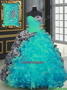 Aqua Blue Organza and Printed Lace Up Sweetheart Sleeveless With Train Quinceanera Dresses Brush Train Beading and Ruffles and Pattern