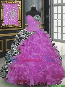 Unique Sweetheart Sleeveless Brush Train Lace Up Quinceanera Dresses Fuchsia Organza and Printed