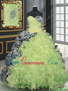 Sweetheart Sleeveless Brush Train Lace Up Sweet 16 Dress Yellow Green Organza and Printed