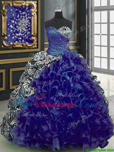 Hot Sale Blue Sleeveless Organza and Printed Lace Up Vestidos de Quinceanera for Military Ball and Sweet 16 and Quinceanera