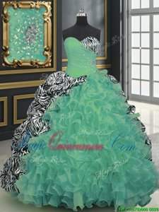 Delicate Printed With Train Lace Up Quinceanera Dress Green and In for Military Ball and Sweet 16 and Quinceanera with Beading and Ruffles and Pattern Brush Train