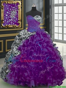 Custom Fit Printed With Train Purple Quinceanera Gown Sweetheart Sleeveless Brush Train Lace Up