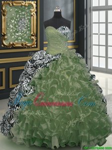 Sweetheart Sleeveless Brush Train Lace Up Quinceanera Gown Olive Green Organza and Printed