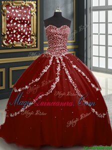 Sweet Sleeveless Tulle With Brush Train Lace Up 15 Quinceanera Dress in Burgundy for with Beading and Appliques