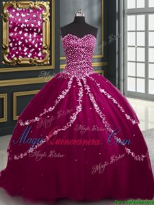 Comfortable Brush Train Ball Gowns Quinceanera Gown Burgundy and Fuchsia Sweetheart Tulle Sleeveless With Train Lace Up