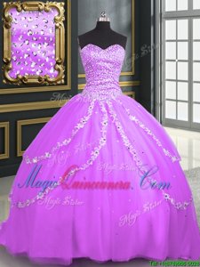 Exceptional With Train Lilac Quinceanera Gowns Tulle Brush Train Sleeveless Beading and Appliques