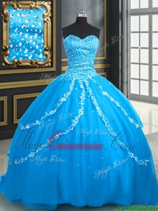 With Train Lace Up Sweet 16 Quinceanera Dress Aqua Blue and In for Military Ball and Sweet 16 and Quinceanera with Beading and Appliques Brush Train