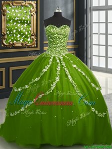 Olive Green Ball Gowns Tulle Sweetheart Sleeveless Beading and Appliques With Train Lace Up Quince Ball Gowns Brush Train