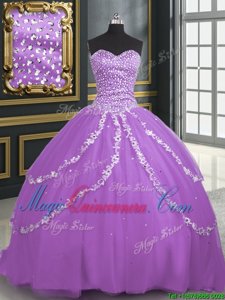 Tulle Sleeveless With Train 15th Birthday Dress Brush Train and Beading and Appliques