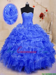 Artistic Blue Organza Lace Up Sweetheart Sleeveless Floor Length Quinceanera Dress Beading and Ruffles and Hand Made Flower