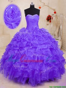 Purple Lace Up Sweetheart Beading and Ruffles and Hand Made Flower Quinceanera Dresses Organza Sleeveless