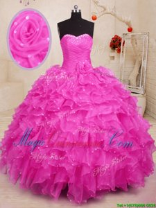 Simple Hot Pink Sweetheart Lace Up Beading and Ruffles and Hand Made Flower Ball Gown Prom Dress Sleeveless