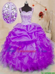 Hot Sale Purple Ball Gowns Beading and Ruffles and Pick Ups Quinceanera Gown Lace Up Organza Sleeveless Floor Length