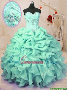 Apple Green Ball Gowns Sweetheart Sleeveless Organza Floor Length Lace Up Beading and Ruffles and Pick Ups Quinceanera Dresses