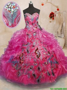 Attractive Sleeveless Organza Floor Length Lace Up Quinceanera Dress in Hot Pink for with Beading and Appliques and Ruffles