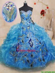 New Arrival Baby Blue Quinceanera Gowns Military Ball and Sweet 16 and Quinceanera and For with Beading and Appliques and Ruffles Sweetheart Sleeveless Zipper