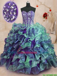 Luxury Multi-color Lace Up Sweetheart Beading and Ruffles Ball Gown Prom Dress Organza Sleeveless