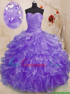 Dazzling Sleeveless Organza Floor Length Lace Up Sweet 16 Dress in Lavender for with Beading and Ruffles