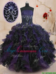 Ideal Floor Length Lace Up Quince Ball Gowns Black And Purple and In for Military Ball and Sweet 16 and Quinceanera with Beading and Ruffles