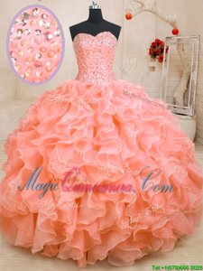 Adorable Pink Sweetheart Lace Up Beading and Ruffles Sweet 16 Quinceanera Dress Sleeveless