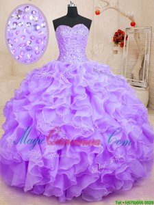 Shining Beading and Ruffles Sweet 16 Dress Lilac Lace Up Sleeveless Floor Length