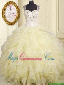 Exceptional Straps Sleeveless Vestidos de Quinceanera Floor Length Beading and Ruffles Light Yellow Organza