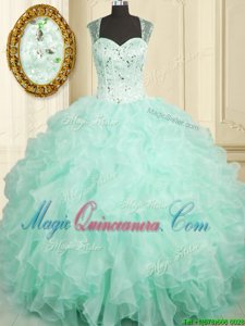 Custom Fit Aqua Blue Organza Zipper Straps Sleeveless Floor Length Quinceanera Dress Beading and Ruffles