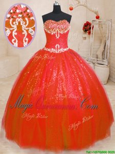 Sleeveless Tulle and Sequined Floor Length Lace Up Quinceanera Gown in Red for with Beading