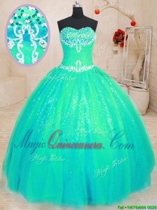 Ball Gowns Quince Ball Gowns Turquoise Sweetheart Tulle and Sequined Sleeveless Floor Length Lace Up