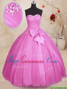 Lilac Sleeveless Floor Length Beading and Bowknot Lace Up 15th Birthday Dress