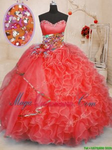 Best Selling Floor Length Coral Red Quinceanera Dress Sweetheart Sleeveless Lace Up