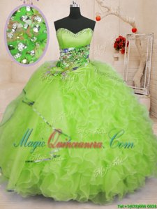 Fabulous Yellow Green Lace Up Sweetheart Beading and Ruffles Quinceanera Gown Organza Sleeveless