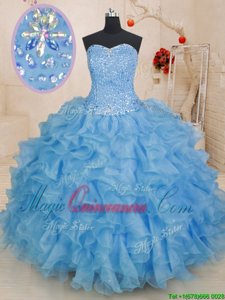 Sweetheart Sleeveless 15th Birthday Dress Floor Length Beading and Ruffles Blue Organza