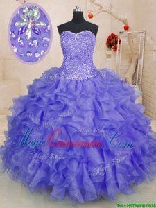 Customized Lavender Ball Gowns Beading and Ruffles Quinceanera Dresses Lace Up Organza Sleeveless Floor Length