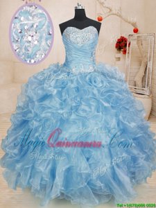 Blue Lace Up Quinceanera Dress Beading and Ruffles Sleeveless Floor Length