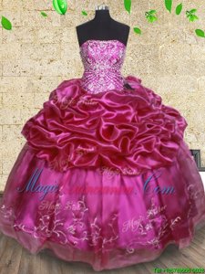 Sleeveless Floor Length Beading and Embroidery and Pick Ups Lace Up Quince Ball Gowns with Fuchsia