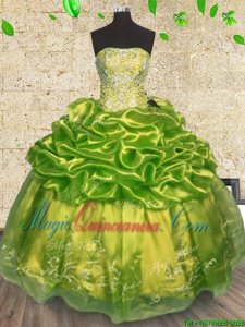 Noble Organza Strapless Sleeveless Lace Up Beading and Embroidery Quinceanera Gown in Olive Green